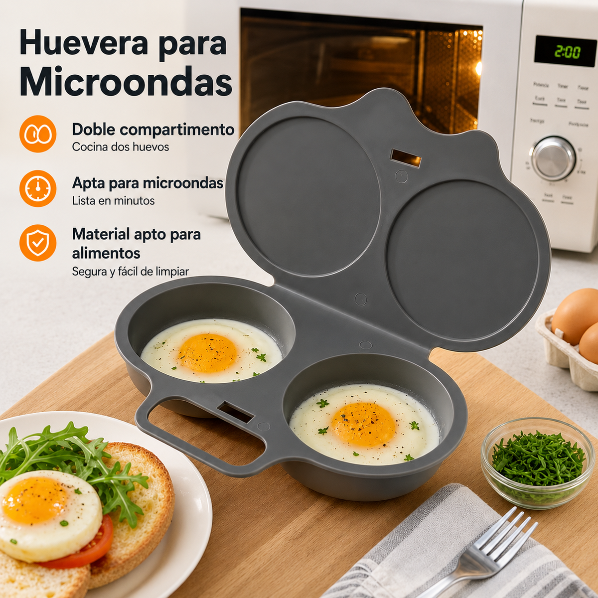 Huevera doble antiadherente para microondas, rápida y práctica